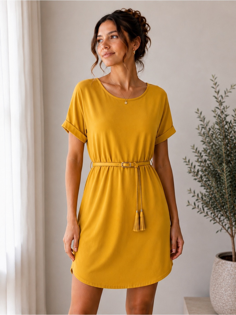 Mustard Yellow Short Sleeve Mini Dress with Pocket